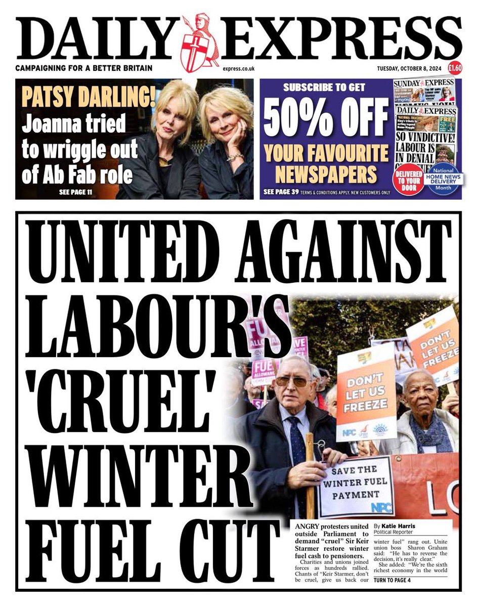 NPCUK's tweet photo. @NPCUK Vice President Les McDowell and former NPC Vice President Ellen Lebethe on the front page of the @Daily_Express protesting the means-testing of the #WinterFuelPayment
#Parliament #ColdHomesKill #WarmThisWinter #OlderPeople https://t.co/aGcdf9Xtch