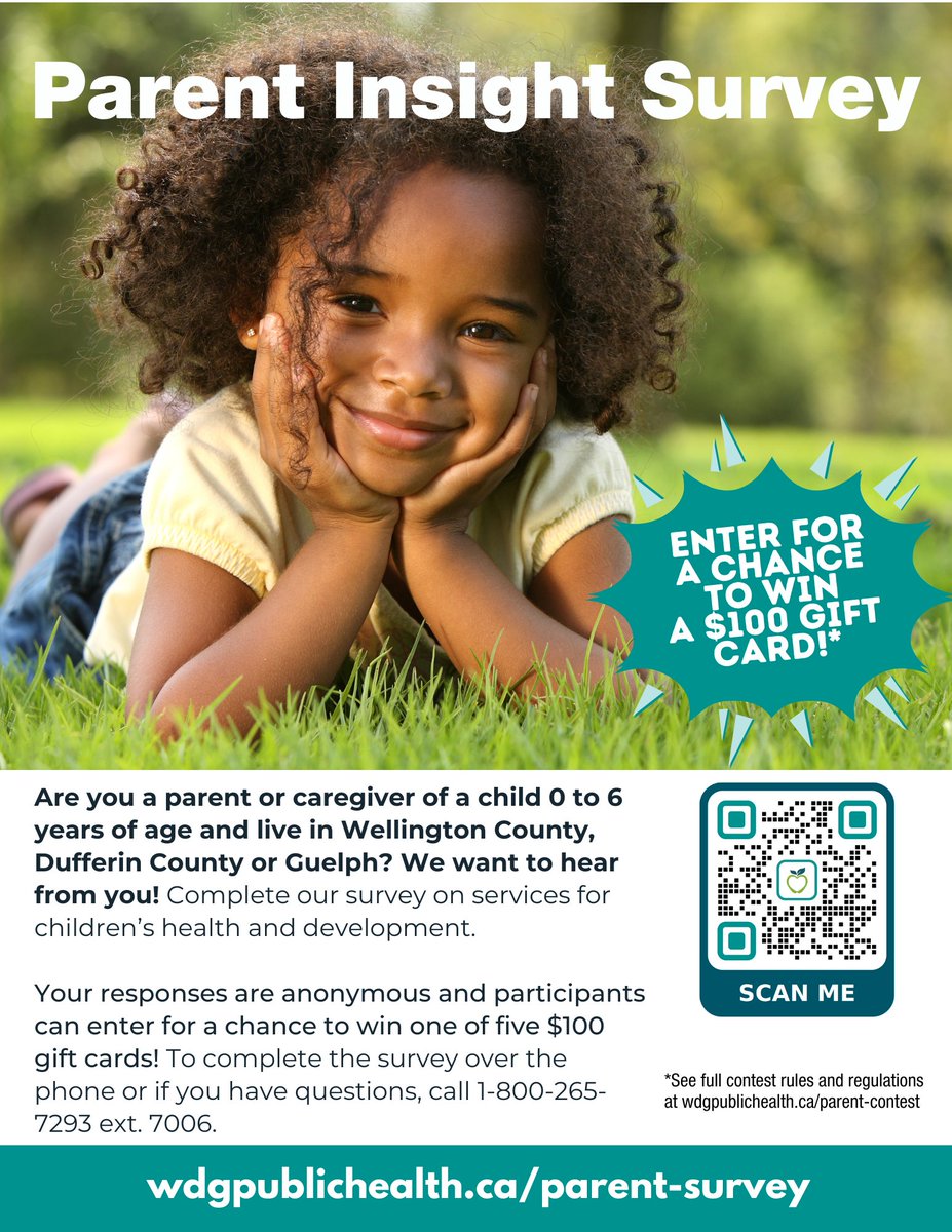 Are you a parent or caregiver of a child 0 to 6 years of age and live in #wellingtoncounty, #dufferincounty or #guelph? We want to hear from you! Complete our survey on services for children's health and development.