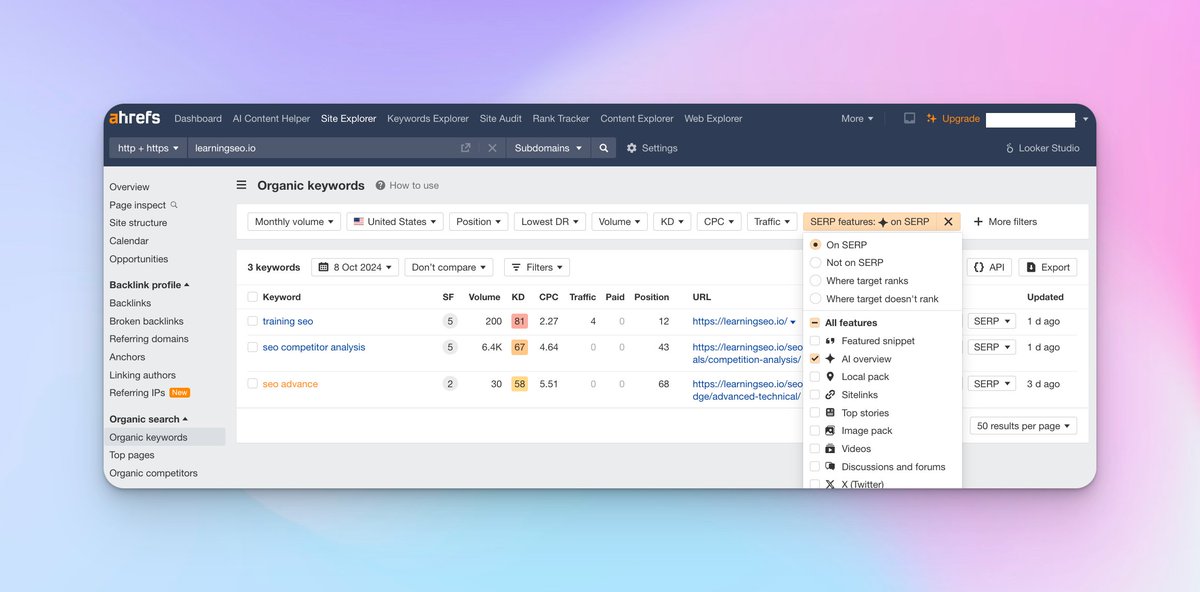 aleyda's tweet image. The easiest way to track AI Overviews for *free* for your targeted queries was just released by @ahrefs since the AIOs filter is shown along with other SERP features in the organic keywords report that Ahrefs Webmaster Tools free users get access to! 👌 If you're not yet using…