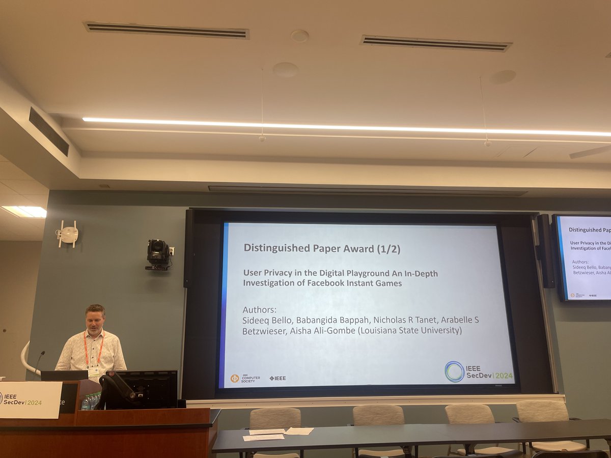 The first distinguished paper award goes to "User Privacy in the Digital Playground: An In-Depth Investigation of Facebook Instant Games."

Congratulations to the authors! #IEEESecDev