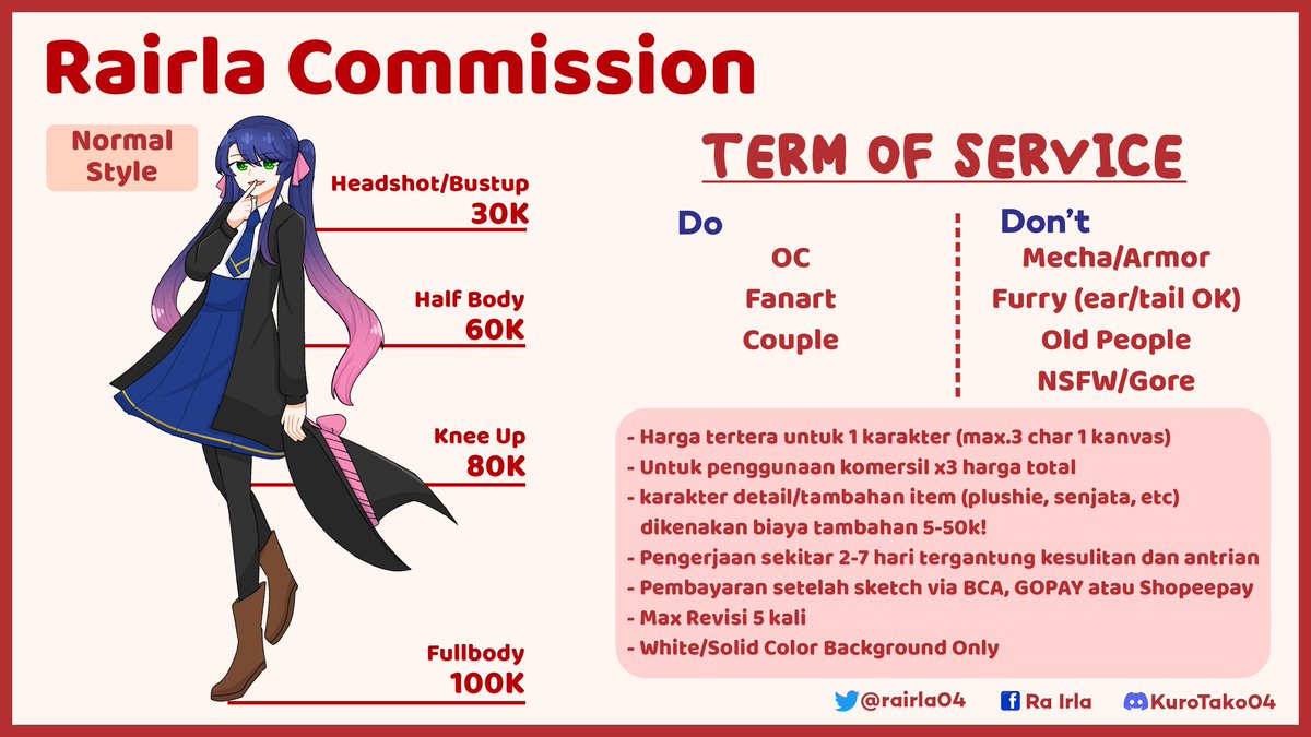Rairla04's tweet image. [Open Commission]
Like &amp;amp; Retweet are appreciated! ✨ 

Hallo! Aku buka commission untuk lokal only 🇮🇩

Detail dan sampel tertera dibawah. Kalau tertarik atau mau tanya-tanya dulu silahkan dm/hubungi sosmedku yang tertera di gambar

Tysm!

#opencommission #commissionopen