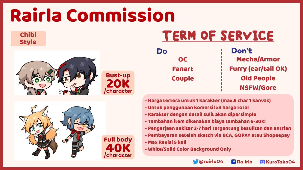 Rairla04's tweet image. [Open Commission]
Like &amp;amp; Retweet are appreciated! ✨ 

Hallo! Aku buka commission untuk lokal only 🇮🇩

Detail dan sampel tertera dibawah. Kalau tertarik atau mau tanya-tanya dulu silahkan dm/hubungi sosmedku yang tertera di gambar

Tysm!

#opencommission #commissionopen