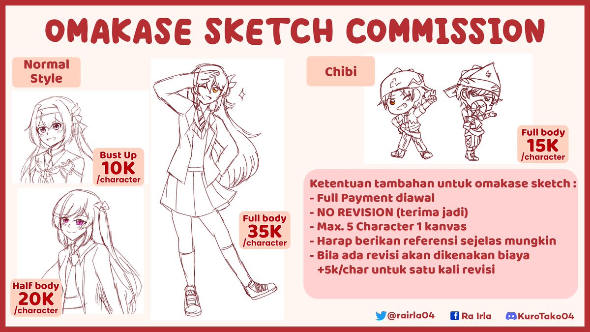 Rairla04's tweet image. [Open Commission]
Like &amp;amp; Retweet are appreciated! ✨ 

Hallo! Aku buka commission untuk lokal only 🇮🇩

Detail dan sampel tertera dibawah. Kalau tertarik atau mau tanya-tanya dulu silahkan dm/hubungi sosmedku yang tertera di gambar

Tysm!

#opencommission #commissionopen