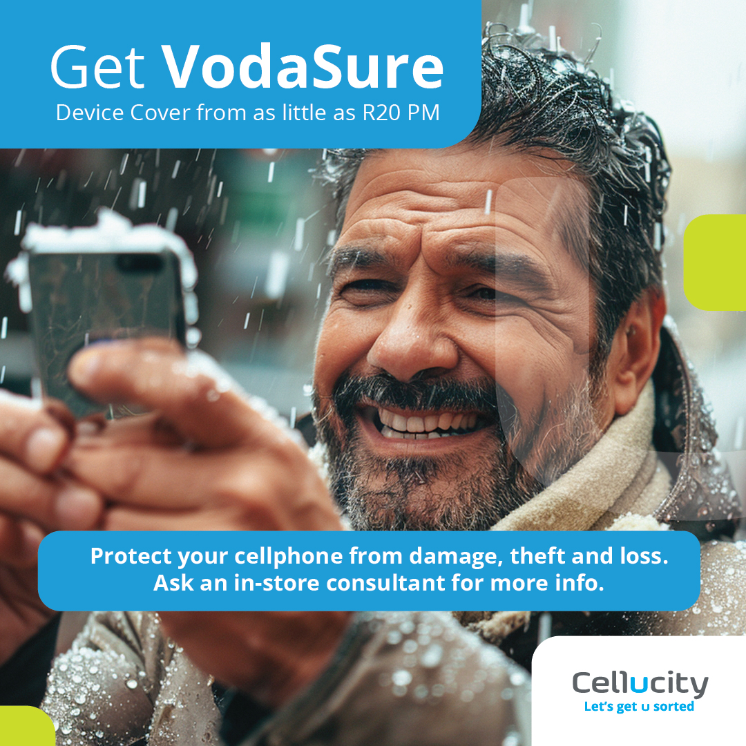 Cellucity's tweet image. Keep your phone safe with VodaSure Device Cover starting at only R20 PM! 📱✨ Shield it from damage, theft, and loss.

Visit us today or speak to an in-store consultant for more information and enjoy peace of mind.

#VodaSure #DeviceProtection #WorryFree