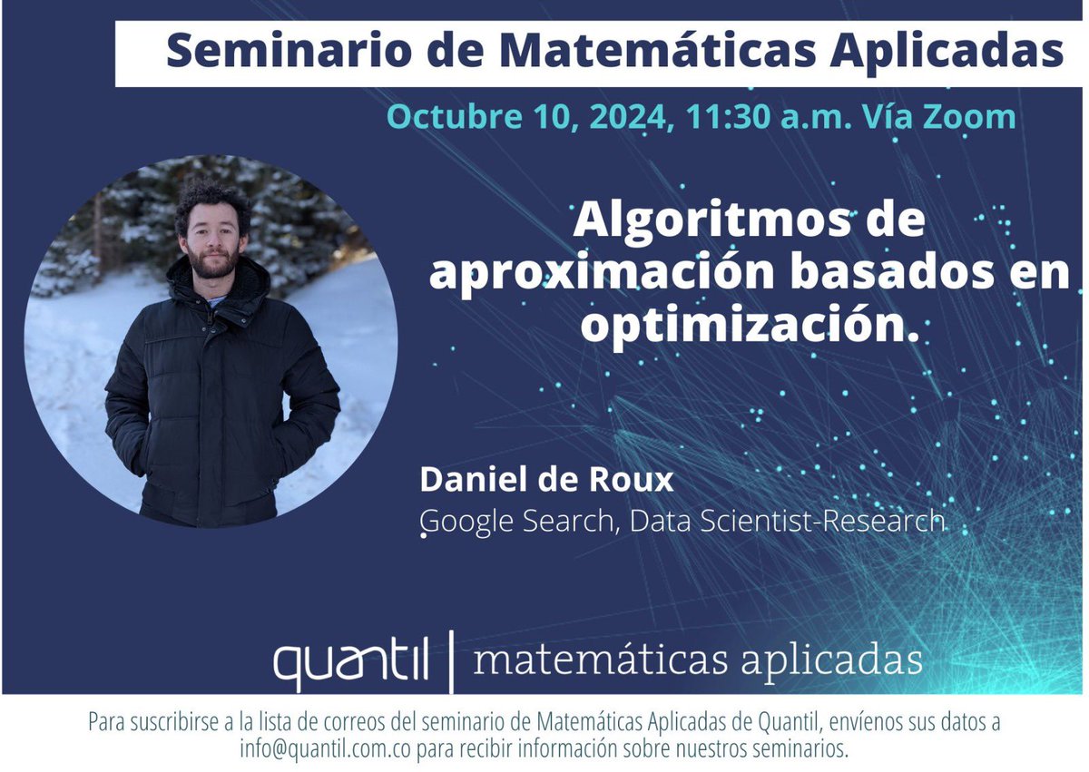 Quantil (@quantilma) on Twitter photo 🚀 Los esperamos este jueves 10 de Octubre del 2024 a las 11:30 a.m en el Seminario de Matemáticas Aplicadas.
us02web.zoom.us/j/499490655 🚀 Los esperamos este jueves 10 de Octubre del 2024 a las 11:30 a.m en el Seminario de Matemáticas Aplicadas.
us02web.zoom.us/j/499490655