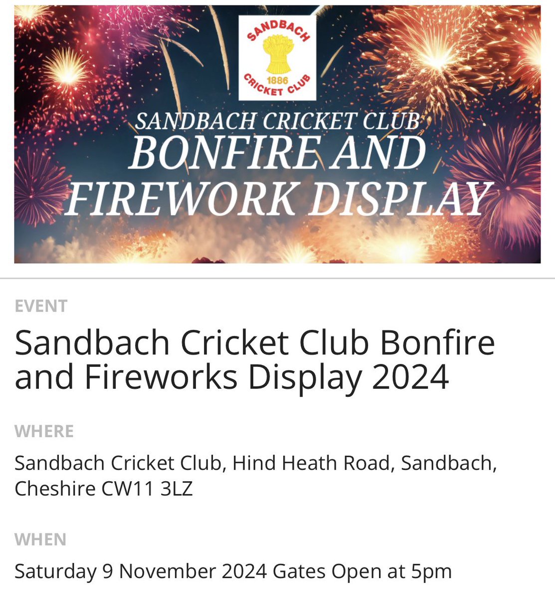 The link is now live for our annual bonfire and fireworks extravaganza!!!

Ticket prices are frozen from last year’s record breaking event, and you can look forward to a wonderful fireworks display from the amazing <a href="/blitzfireworks/">Blitz Fireworks Ltd</a> 

ticketebo.co.uk/sandbachcricke…