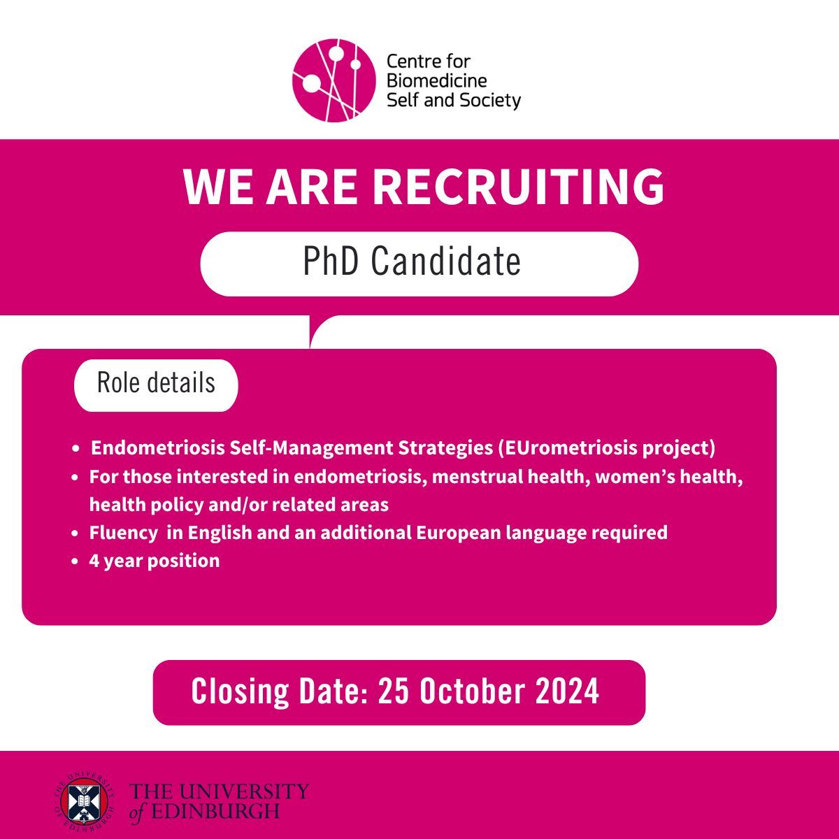 We're #hiring - passionate about health and gender? Have a background in qualitative social sciences research? Want to inform policy based on lived experience? Then this PhD, part of the EU Horizon-funded EUmetriosis project, might be for you!

More info:buff.ly/4eQVmyb