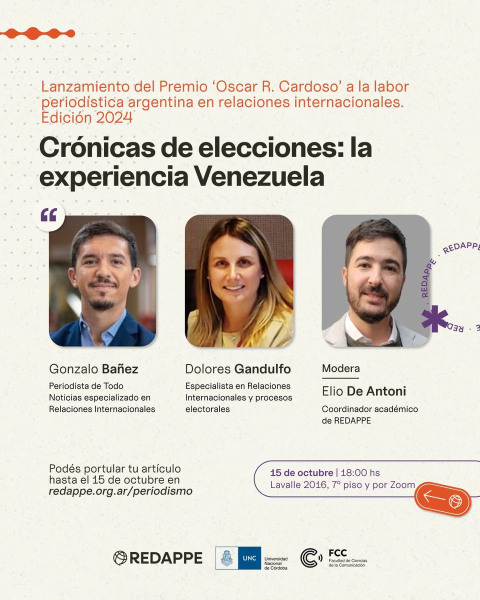 REDAPPE's tweet photo. ¿Ya te enteraste? Junto a @unc_cordoba y @FCCUNC lanzamos la cuarta edición del Premio Oscar R. Cardoso a la labor periodística en relaciones internacionales. 📣

👉🏻 Súmate a la charla de lanzamiento: "Crónicas de elecciones: la experiencia Venezuela". https://t.co/6GMiSul7YA