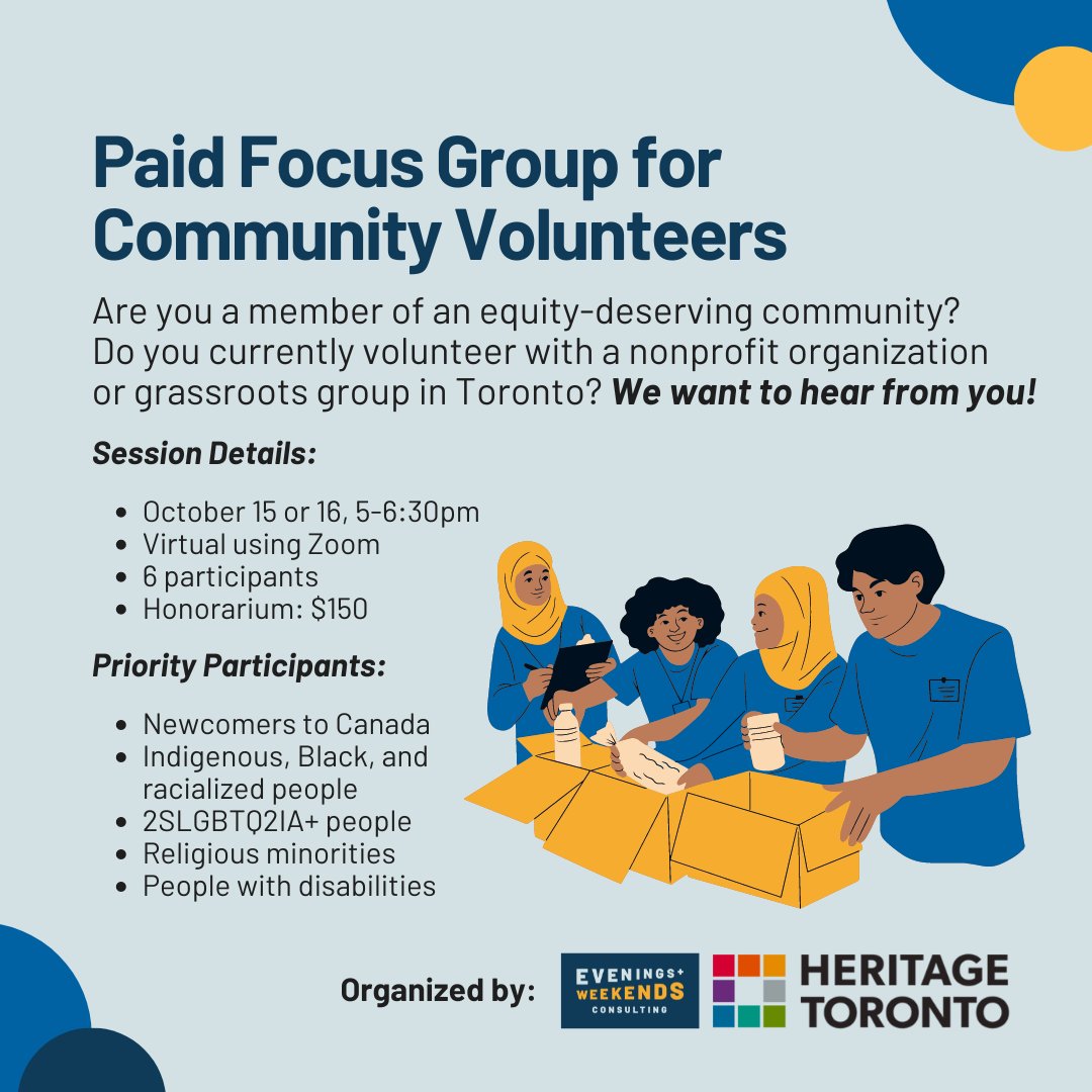 Are you a member of an equity-deserving group? 
Do you currently volunteer in Toronto?

We want to hear from you!

We're working with <a href="/heritagetoronto/">Heritage Toronto</a> to improve equity in the volunteer experience. Join our paid, online focus group to share your thoughts: docs.google.com/forms/d/e/1FAI…