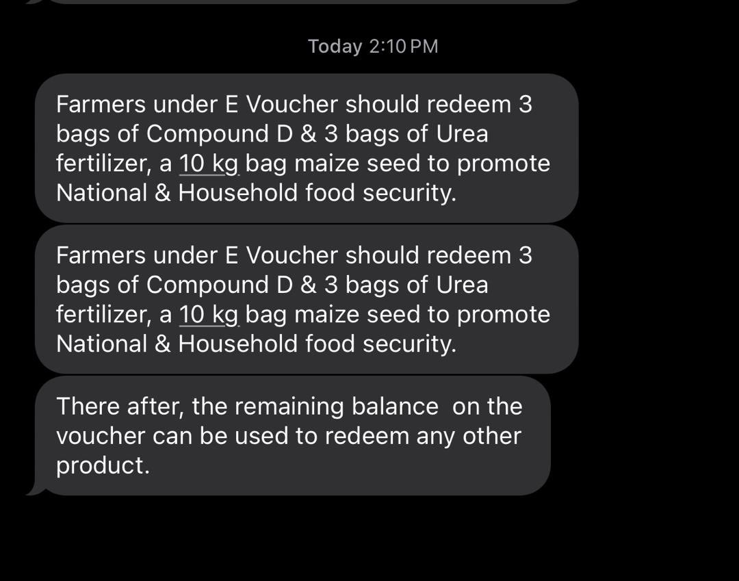 Broadcast text message from the Ministry of Agriculture about e-voucher. Nothing about diversification. No lessons learned from last year when all the smallholder “eggs in the maize basket” were wiped out by the drought. Very disappointing
