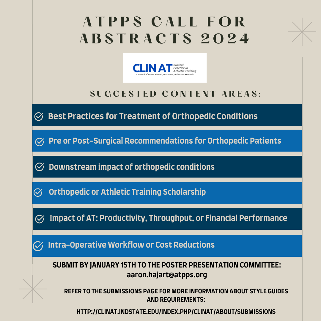 Clinical Practice in Athletic Training (@clinatjournal) on Twitter photo Have some time off during the Holiday Season? Consider using that time to submit a poster proposal to <a href="/ATPPSociety/">Athletic Trainers in the Physician Practice</a> conference in February!
atpps.org/2025-call-for-… Have some time off during the Holiday Season? Consider using that time to submit a poster proposal to <a href="/ATPPSociety/">Athletic Trainers in the Physician Practice</a> conference in February!
atpps.org/2025-call-for-…