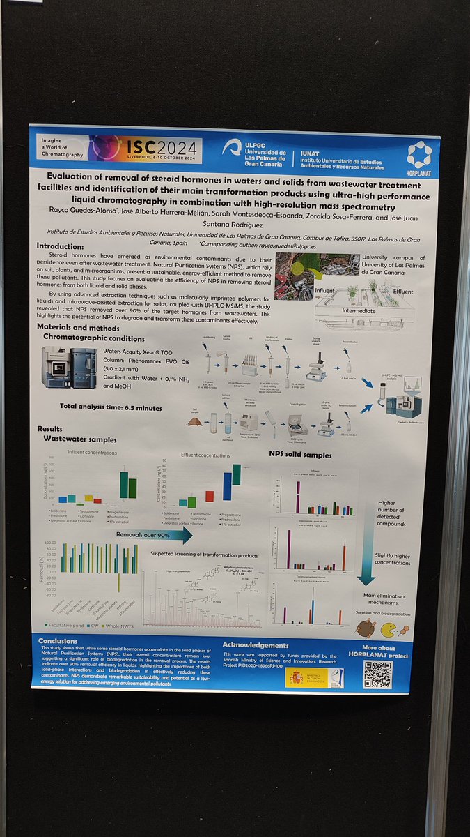 Third day of #ISC2024 Today we present our results on the Poster session about the determination of steroid hormones in wastewaters and solids from a Natural Wastewater Treatment System. If you want to know more, visit us on board 20! 😉