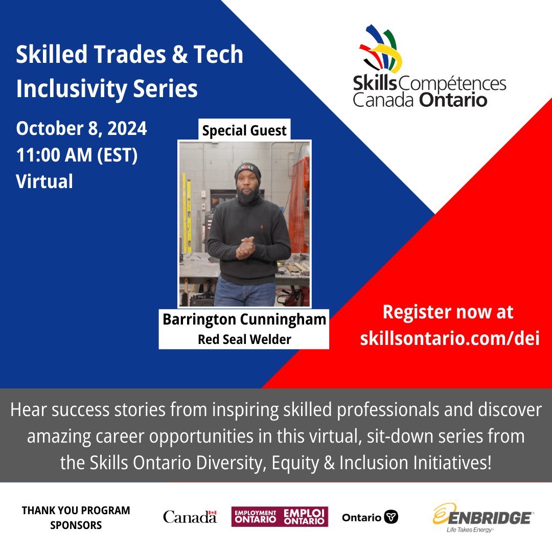 The Skilled Trades &amp; Tech Inclusivity Series starts at 11:00 am today! 🛠️
You can still register for this free online event to hear from Red Seal welder, Barrington Cunningham. Sign up now at ow.ly/RXXU50TGIAI