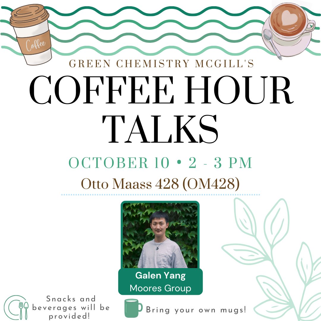 ☕ Don't miss our Green Chem Coffee Hour! Join us as Galen Yang dives into mechanochemical and aging-based polysaccharide modifications. Learn, chat, and enjoy some coffee! 🌿

📅 October 10, 2024
⏰ 2 - 3 PM
📍 OM 428

Sign up now! forms.gle/GsoeLZbwPmvi2u…