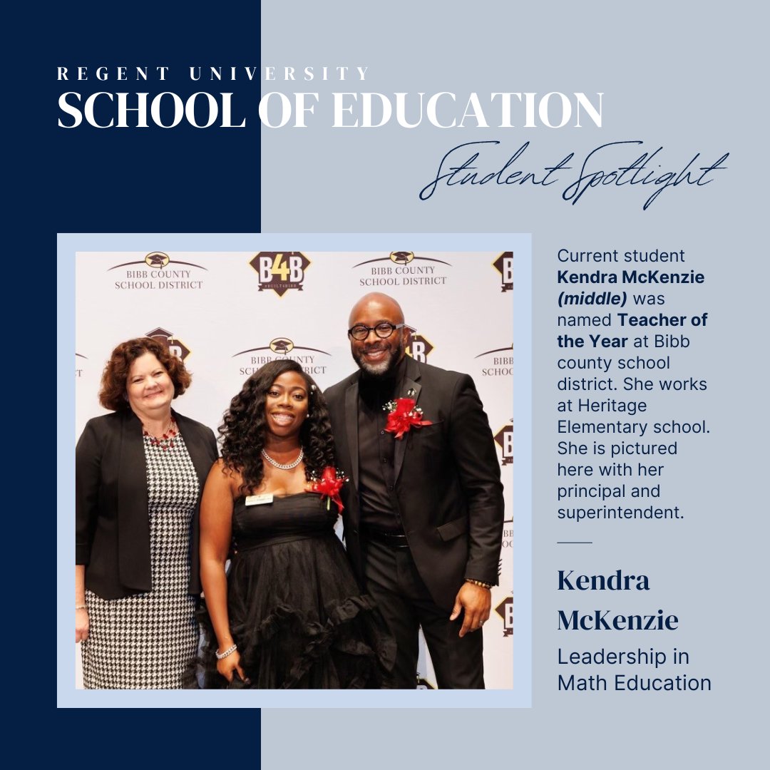 Regent University School of Education (@regentsoe) on Twitter photo SOE Student Spotlight!
Congrats to current #RegentSOE student Kendra McKenzie for being named Teacher of the Year <a href="/BibbSchools/">Bibb County Schools</a>! We are proud of you! ๐๐ SOE Student Spotlight!
Congrats to current #RegentSOE student Kendra McKenzie for being named Teacher of the Year <a href="/BibbSchools/">Bibb County Schools</a>! We are proud of you! ๐๐