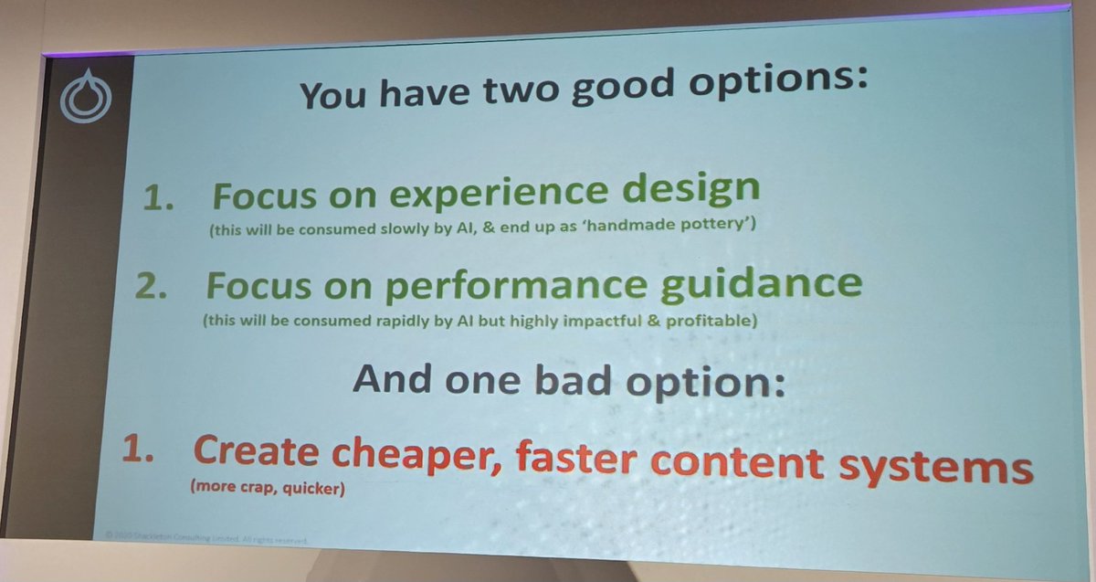 Jayne Davids 👩🏻🏫💻📹▶ (@jaynedavids) on Twitter photo To conclude
AI & Learning - how to avoid wasting money
You have 2 good options:
✔️Focus on experience design
✔️Focus on performance guidance
1 bad option:
❌️Create cheaper faster content systems
<a href="/shackletonjones/">N Shackleton-Jones</a>
#Wol24 To conclude
AI & Learning - how to avoid wasting money
You have 2 good options:
✔️Focus on experience design
✔️Focus on performance guidance
1 bad option:
❌️Create cheaper faster content systems
<a href="/shackletonjones/">N Shackleton-Jones</a>
#Wol24