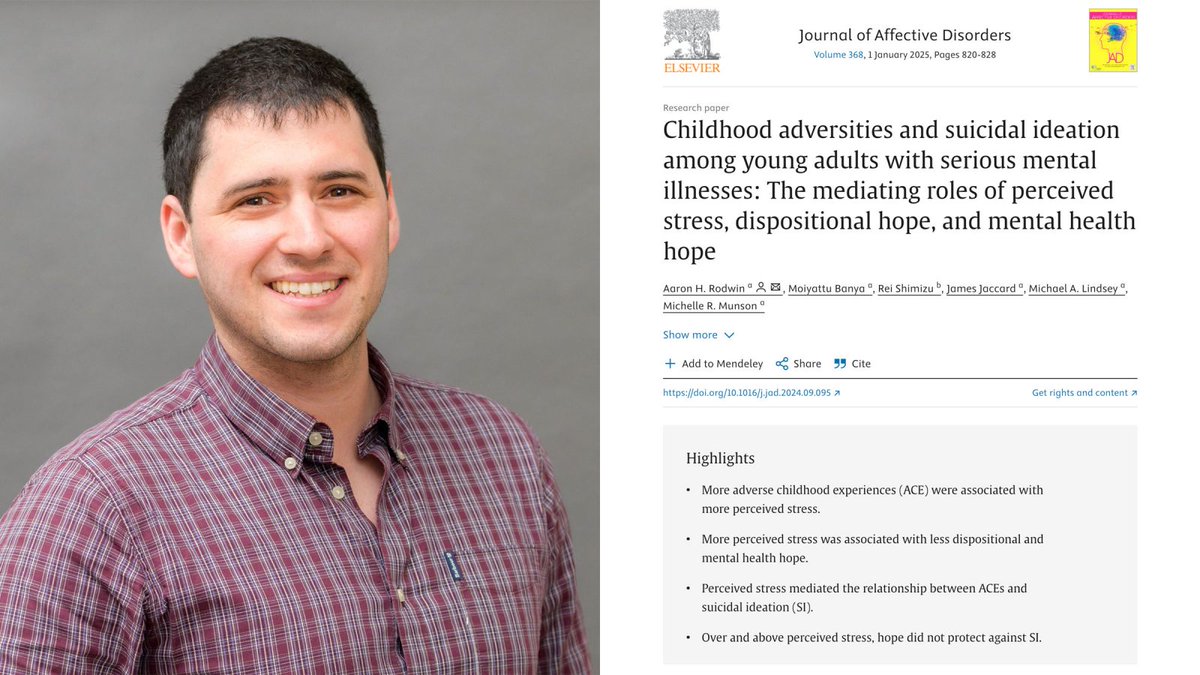 NYU Silver (@nyusilver) on Twitter photo A study led by PhD candidate <a href="/AaronRodwin/">Aaron Rodwin</a>, suggests that addressing how young adults w/ SMI cope w/ perceived stress may be a promising target for suicide prevention efforts. Co-authors incl <a href="/MoiyattuBanya/">Moiyattu Banya, LMSW</a> @Rei2Shimizu <a href="/DrMikeLindsey/">Dr. Michael Lindsey</a> @MMunsonPhD
socialwork.nyu.edu/news/2024/stre… A study led by PhD candidate <a href="/AaronRodwin/">Aaron Rodwin</a>, suggests that addressing how young adults w/ SMI cope w/ perceived stress may be a promising target for suicide prevention efforts. Co-authors incl <a href="/MoiyattuBanya/">Moiyattu Banya, LMSW</a> @Rei2Shimizu <a href="/DrMikeLindsey/">Dr. Michael Lindsey</a> @MMunsonPhD
socialwork.nyu.edu/news/2024/stre…
