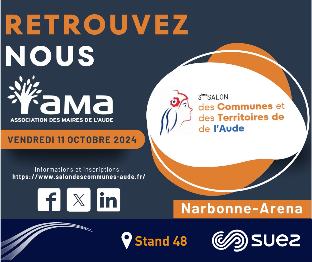Venez nous rendre visite le vendredi 11 octobre au Salon des maires de l'Aude à Narbonne. (#SUEZ,#Carcassonne, #Narbonne)
Nous vous donnons rendez-vous toute la journée sur le stand 48