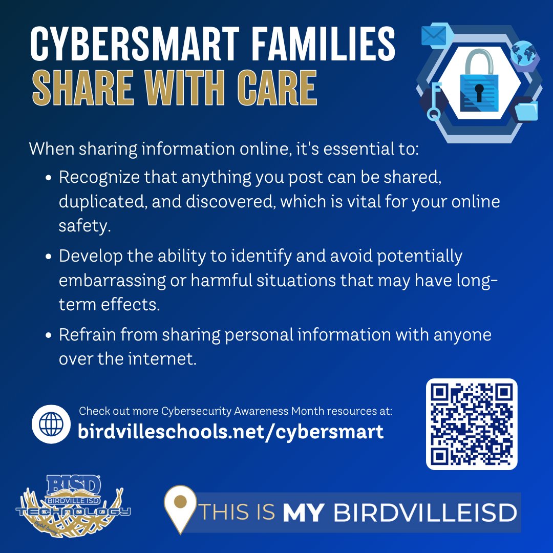 Remind your family to think before posting. Protect personal info and avoid risks to keep your digital footprint safe.

birdvilleschools.net/cybersmart
