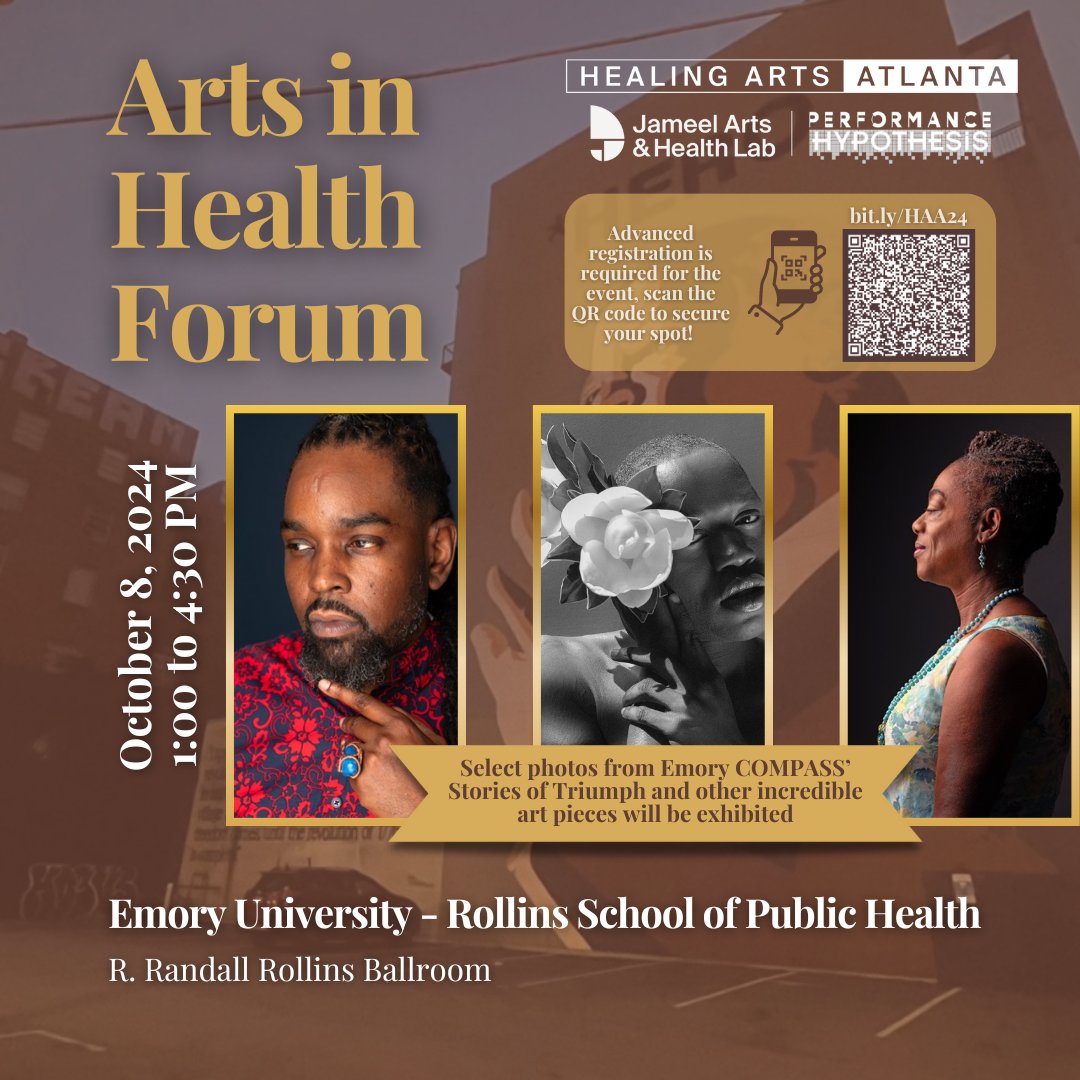 BeOurCOMPASS's tweet photo. Join us TODAY at Emory Rollins School of Public Health for a multidisciplinary forum uniting artists, researchers, &amp; health leaders!

🎭 Arts in Health
🎨 HIV &amp; Artistic Genius
🧑‍🎨 Creative Aging

Hors d'oeuvres &amp; networking: 1-1:30 PM. Don’t miss out—register now! https://t.co/JDRESBJ2Lt