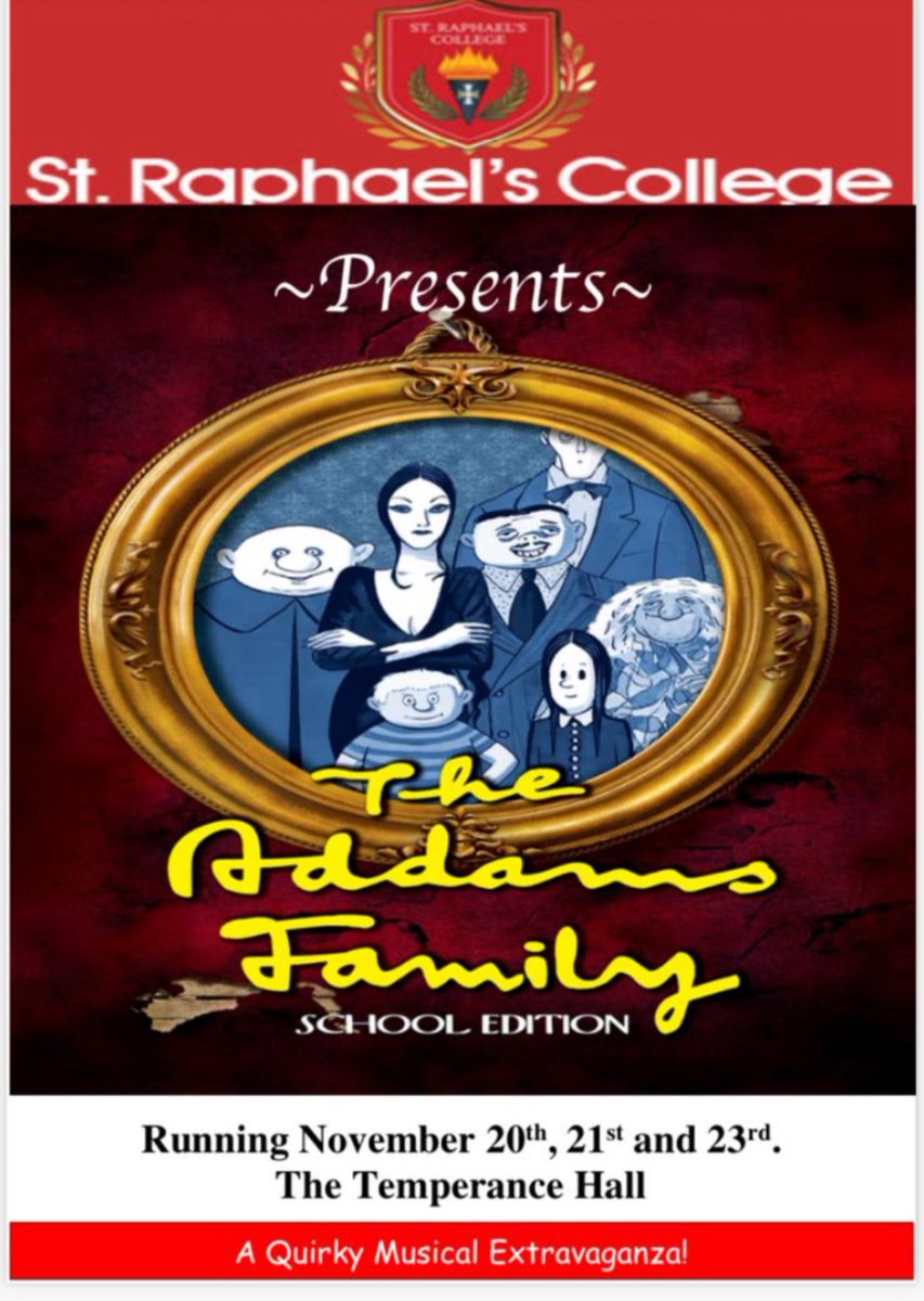 Saint Raphael’s College Proudly presents its 2024 Musical ‘_The Addams Family school musical’_. Running November 20th, 21st and 23rd in the Temperance Hall Loughrea Co.Galway. Tickets on sale soon.