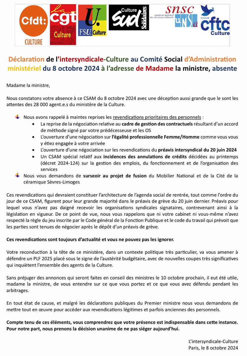 CFDT-CULTURE A vos côtés au quotidien (@cfdtculture) on Twitter photo Déclaration de l’intersyndicale‐Culture au Comité Social d’Administration ministériel du 8 octobre 2024 à l’adresse de Madame la ministre, absente
<a href="/MinistereCC/">Ministère de la Culture 🇫🇷</a>
<a href="/CFDTfp/">CFDT Fonctions publiques</a>
<a href="/SH_CFDT/">Syndicalisme Hebdo</a>
<a href="/interco_cfdt/">INTERCO-CFDT</a> Déclaration de l’intersyndicale‐Culture au Comité Social d’Administration ministériel du 8 octobre 2024 à l’adresse de Madame la ministre, absente
<a href="/MinistereCC/">Ministère de la Culture 🇫🇷</a>
<a href="/CFDTfp/">CFDT Fonctions publiques</a>
<a href="/SH_CFDT/">Syndicalisme Hebdo</a>
<a href="/interco_cfdt/">INTERCO-CFDT</a>