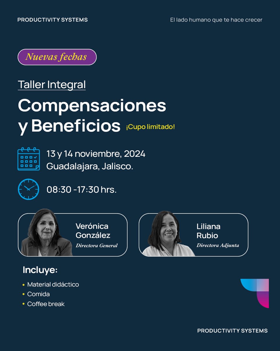 ProductivitySys's tweet image. Nuestro Taller Integral de Compensaciones y Beneficios está de vuelta para ayudarte a mejorar la gestión del talento en tu organización y diseñar estrategias competitivas.

¡Reserva tu lugar y accede a nuestro precio especial antes del 15 de octubre!