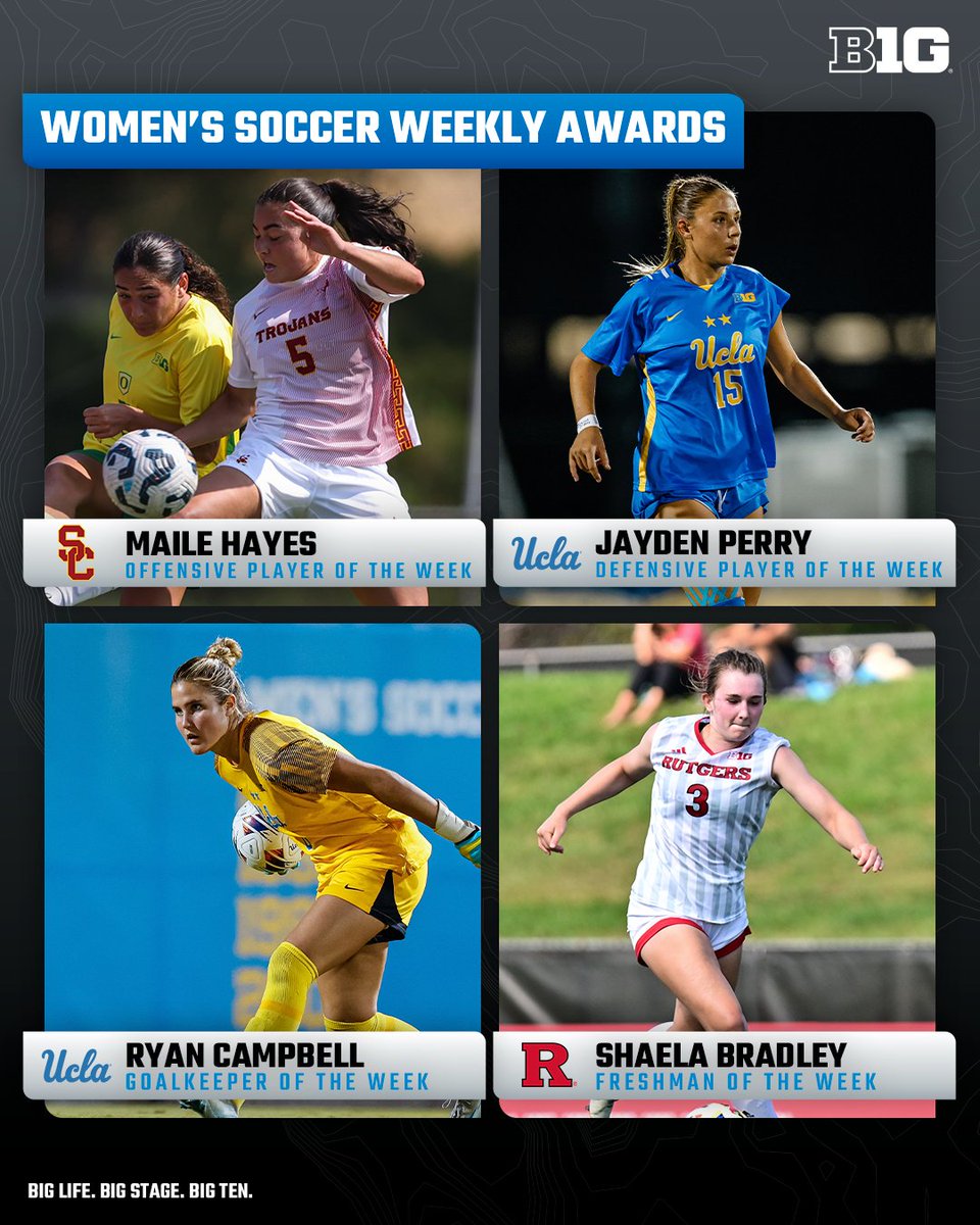 Big Ten Soccer (@b1gsoccer) on Twitter photo ⚽️ #B1GWSoccer Weekly Awards ⚽️
Offensive Player of the Week: Maile Hayes, <a href="/USC_WSoccer/">USC Women's Soccer</a> 
Defensive Player of the Week: Jayden Perry, <a href="/UCLAWSoccer/">UCLA Women's Soccer</a> 
Goalkeeper of the Week: Ryan Campbell, <a href="/UCLAWSoccer/">UCLA Women's Soccer</a> 
Freshman of the Week: Shaela Bradley, <a href="/RUWSoccer/">Rutgers Women's Soccer</a> 
🔗  bit.ly/3N6Y7zt ⚽️ #B1GWSoccer Weekly Awards ⚽️
Offensive Player of the Week: Maile Hayes, <a href="/USC_WSoccer/">USC Women's Soccer</a> 
Defensive Player of the Week: Jayden Perry, <a href="/UCLAWSoccer/">UCLA Women's Soccer</a> 
Goalkeeper of the Week: Ryan Campbell, <a href="/UCLAWSoccer/">UCLA Women's Soccer</a> 
Freshman of the Week: Shaela Bradley, <a href="/RUWSoccer/">Rutgers Women's Soccer</a> 
🔗  bit.ly/3N6Y7zt