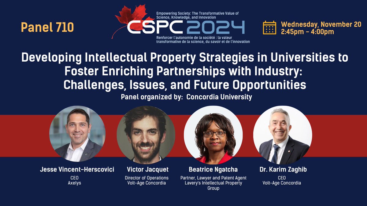 Canadian Science Policy Centre (CSPC) (@sciencepolicy) on Twitter photo .<a href="/Concordia/">Concordia University</a> University is hosting a panel at #CSPC2024!
Join <a href="/jvh_jesse/">Jesse Vincent-Herscovici</a> <a href="/VictorJacquet92/">Victor Jacquet</a> <a href="/bngatchaIPLaw/">Beatrice Ngatcha</a> and <a href="/KarimZaghib/">Karim Zaghib</a> for a discussion on intellectual property policies in academic contexts and their impact on collaboration with industry.
#CdnSci #CdnInnovation .<a href="/Concordia/">Concordia University</a> University is hosting a panel at #CSPC2024!
Join <a href="/jvh_jesse/">Jesse Vincent-Herscovici</a> <a href="/VictorJacquet92/">Victor Jacquet</a> <a href="/bngatchaIPLaw/">Beatrice Ngatcha</a> and <a href="/KarimZaghib/">Karim Zaghib</a> for a discussion on intellectual property policies in academic contexts and their impact on collaboration with industry.
#CdnSci #CdnInnovation