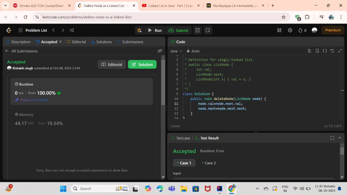 its_rishabh0226's tweet photo. Day 46 of #100DaysOfCode

🔗 Solved a Linked List problem on LeetCode: Delete a node in a linked list. https://t.co/y2k23LaM0Q