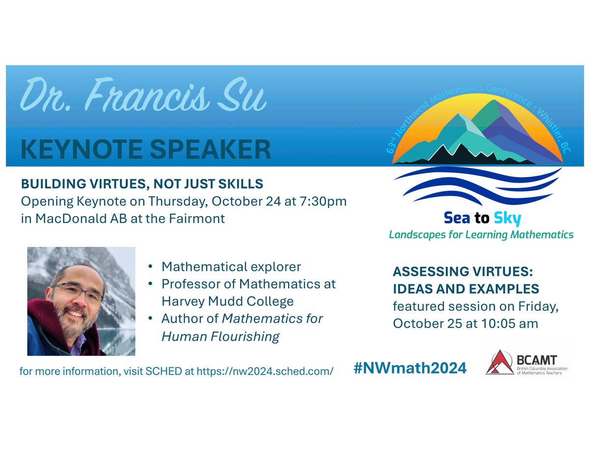 Northwest Mathematics Conference (@nwmathconf) on Twitter photo SPEAKER SPOTLIGHT: Introducing our keynote speaker Dr. Francis Su <a href="/mathyawp/">Francis Su - moved to 🦋 and🧵</a>. Dr. Su's keynote is Thursday, October 24, 7:30pm at the Fairmont.
Go to nw2024.sched.com to view all sessions and to register your interest. #NWmath2024 SPEAKER SPOTLIGHT: Introducing our keynote speaker Dr. Francis Su <a href="/mathyawp/">Francis Su - moved to 🦋 and🧵</a>. Dr. Su's keynote is Thursday, October 24, 7:30pm at the Fairmont.
Go to nw2024.sched.com to view all sessions and to register your interest. #NWmath2024