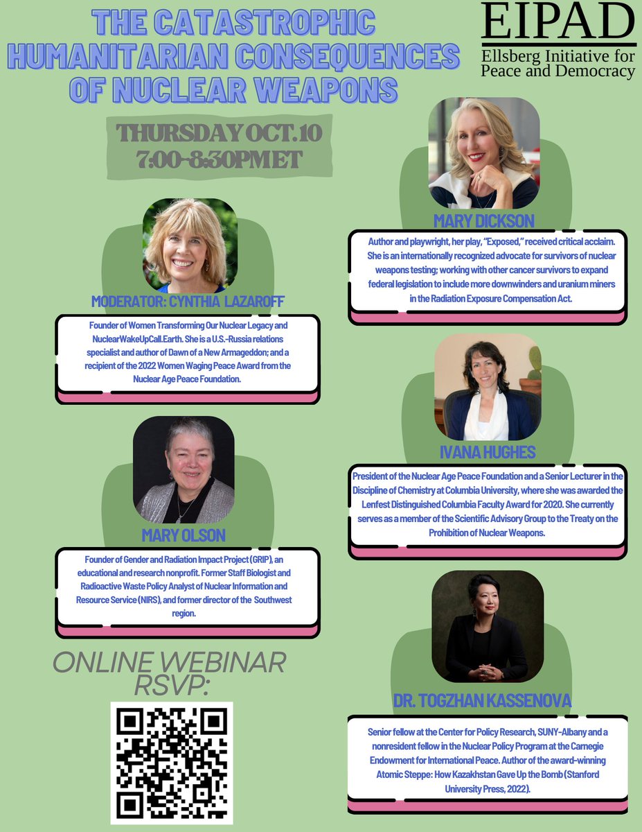 Join <a href="/TheEIPAD/">The Ellsberg Initiative for Peace & Democracy</a> this Thursday, October 10 for an inspiring webinar on nuclear weapons and their catastrophic humanitarian consequences ✨<a href="/CynthiaLazaroff/">Cynthia Lazaroff</a>, <a href="/marynirs/">Mary Olson</a>, Mary Dickson, <a href="/IvanaNHughes/">Ivana Nikolić Hughes</a>, @tkassenova

🔗 Register now: zoom.us/webinar/regist… #NuclearBan