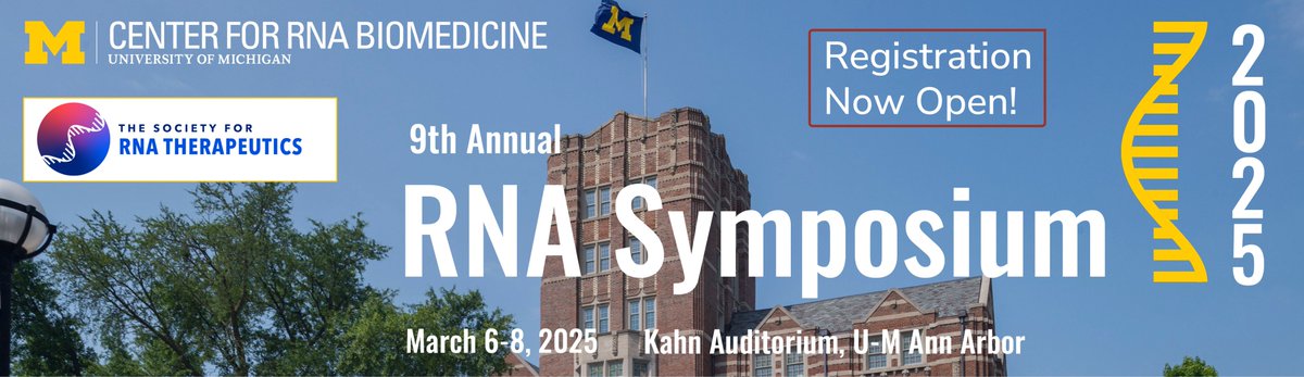 UMich RNA Center 〽️🧬 (@umichrna) on Twitter photo 📢Registration is now open for the <a href="/umichrna/">UMich RNA Center 〽️🧬</a> 9th Annual RNA Symposium 🧬March 6 – 8, 2025, hosted in partnership with <a href="/RNA_Therapeutic/">Society for RNA Therapeutics</a> 👏
.
SPACE IS LIMITED. Don't miss out — early registration is recommended!
.
For more information and to register, visit rna.umich.edu/events-navigat… 📢Registration is now open for the <a href="/umichrna/">UMich RNA Center 〽️🧬</a> 9th Annual RNA Symposium 🧬March 6 – 8, 2025, hosted in partnership with <a href="/RNA_Therapeutic/">Society for RNA Therapeutics</a> 👏
.
SPACE IS LIMITED. Don't miss out — early registration is recommended!
.
For more information and to register, visit rna.umich.edu/events-navigat…