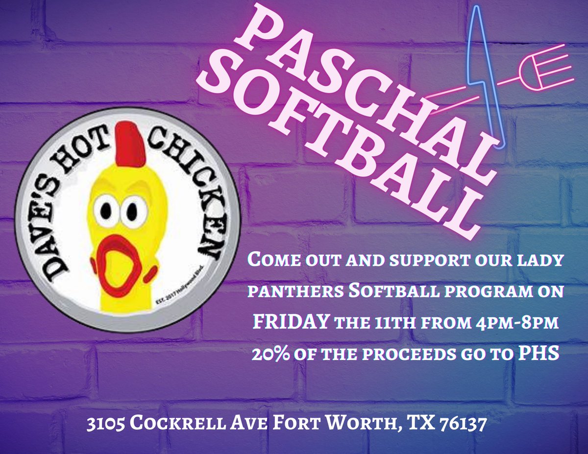 Come support Paschal Softball this Friday on October 11th at Dave’s Hot Chicken!!💜🤍