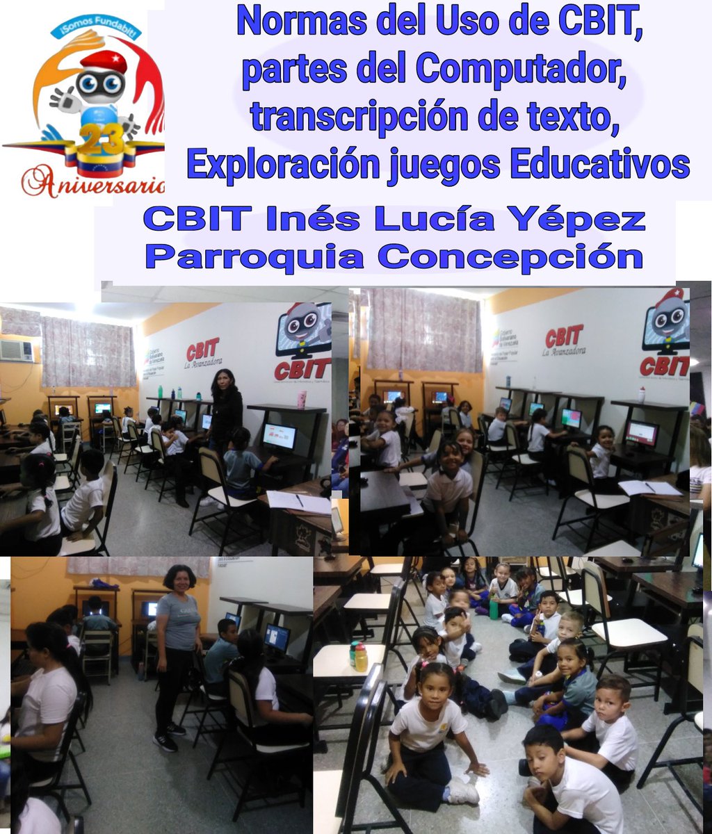 #EnterateBienvenida Conversatorio: Normas del Uso del CBIT, partes del computador y juegos educativos en el CBIT de  la  E.B Inés Lucía Yépez
Parroq Concepción
 #08 de Octubre <a href="/NicolasMaduro/">Nicolás Maduro</a> <a href="/_LaAvanzadora/">Yelitze Santaella</a> @MPPEDUCACION  <a href="/leivi24/">Leivi/Oceanía</a> <a href="/cdcelara/">Centro de Desarrollo de la Calidad Educativa Lara</a> <a href="/EleamerAbdala/">Eleamer Elkatrib</a> <a href="/Dimary08/">D!mary_Anzola</a> <a href="/Fundabitlara01/">Fundabit Lara</a>