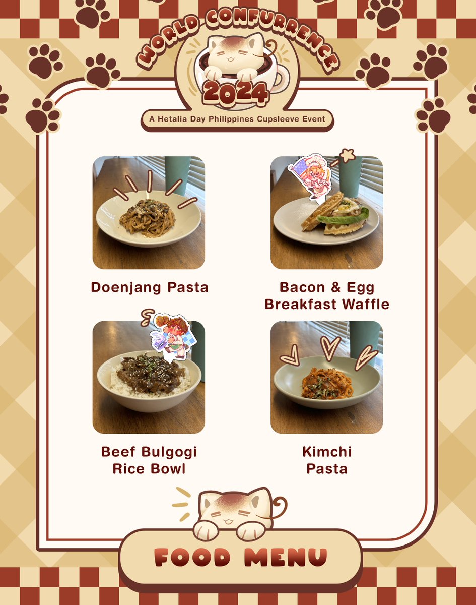 HetaDayPH's tweet photo. 🥞  𝐌𝐞𝐧𝐮 𝐎𝐯𝐞𝐫𝐯𝐢𝐞𝐰 ☕️

From paw-sitively scrumptious snacks to delightful drinks that will make you purr, there’s something for everyone! 

Check out the menu below and let us know what you’re most excited to try!

#HetadayPH2024 #WorldConfurrence2024 https://t.co/7ntiaBdDkU