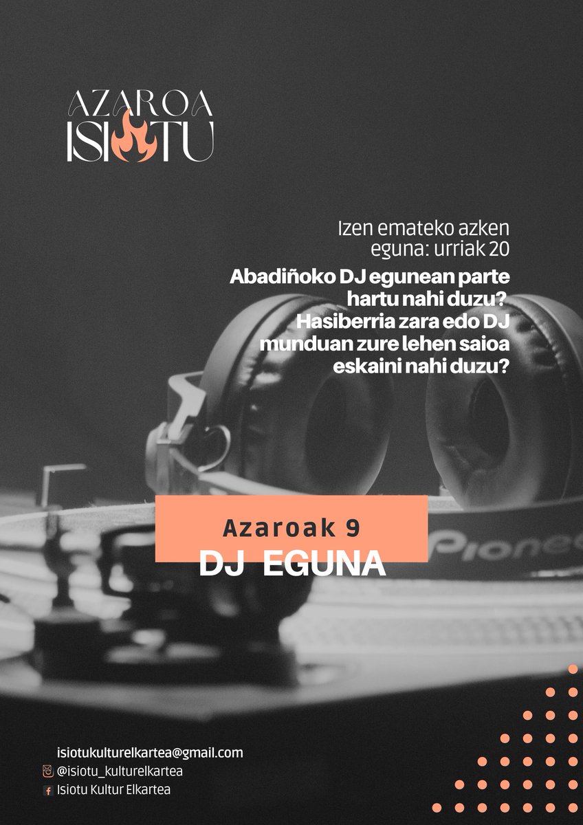 Azaroaren 9an Abadiñoko DJ Egunaren II. Edizioa egitera goaz eta parte hartzea zabaldu nahi dugu. DJ ezberdinen 30 minutuko saioak egitea da asmoa, denbora partaide kopuruaren araberakoa izango da.
Izen ematea: forms.gle/o7RCW7enVbHBeV…
Anima zaitezte!