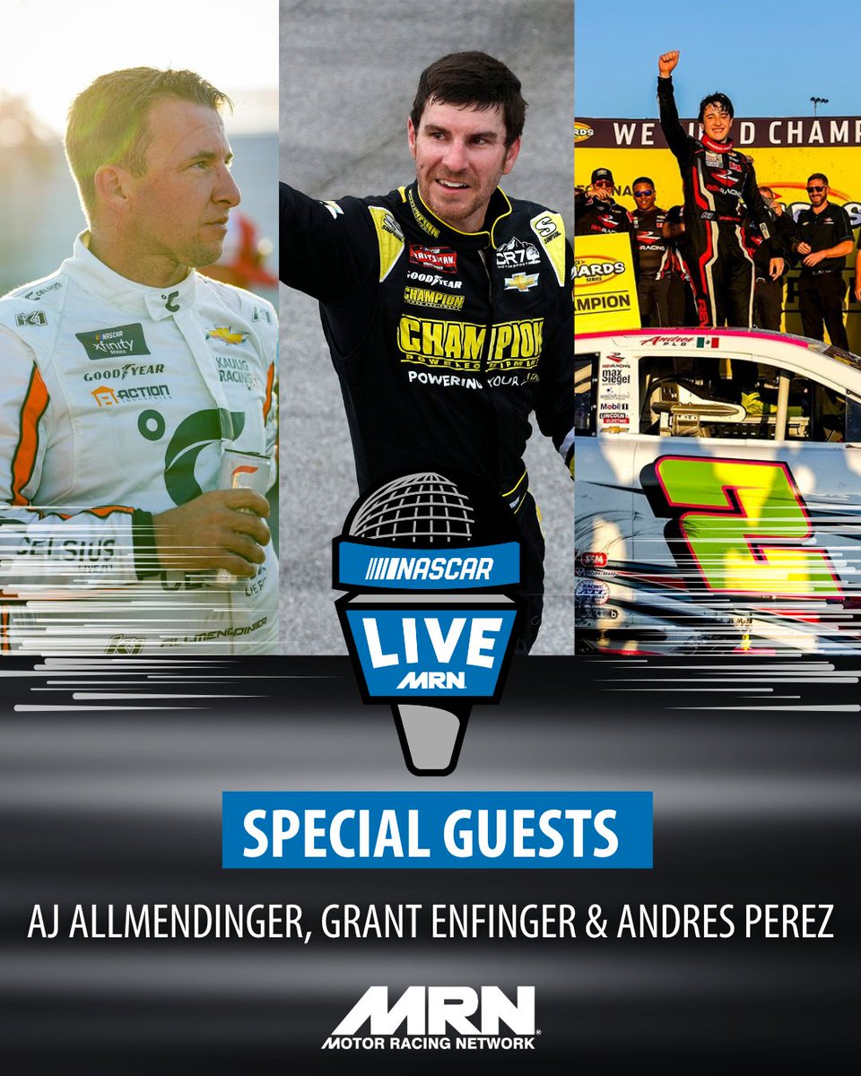 10.8.24 | #NASCARLive is back 🎙️
Here’s what we have on the show:

➡️ ROVAL master, <a href="/AJDinger/">AJ Allmendinger</a>, sits down with <a href="/ThePostman68/">Steve Post</a>.

➡️ <a href="/GrantEnfinger/">Grant Enfinger</a> chats with <a href="/chriswilner26/">Chris Wilner</a> about his big win at <a href="/TALLADEGA/">Talladega Superspeedway</a>.

➡️ <a href="/ARCA_Racing/">ARCA Menards Series</a> Series Champion, Andres Perez stops by.

#AskMRN | #NASCAR
