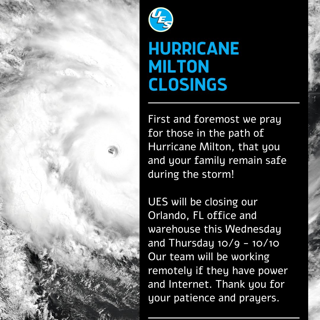 UESrep's tweet photo. We closed our Orlando, FL office and warehouse at noon today; however, our team members are working remotely. We are sending prayers to all. Be safe. We plan on reopening the office and warehouse on Friday, 10/11/2024. Thank you for your patience and prayers. https://t.co/SPnSZSrkGf