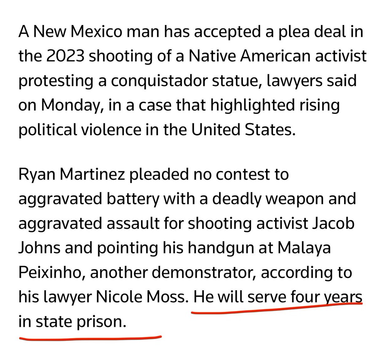 Ryan Martinez will get 4 years for shooting an Indigenous Water Protector in the chest after terrorizing a non-violent protest with kids present. Meanwhile, Jessica Reznicek, a Water Protector, got an 8-year “terrorism enhancement” sentence for non-violent, civil disobedience.