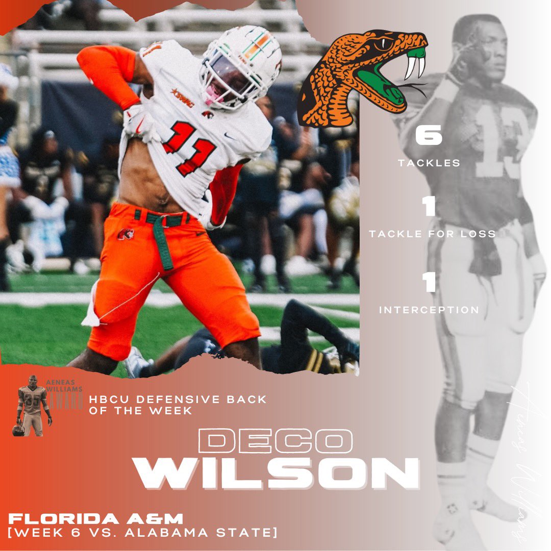 jimthorpeaward's tweet photo. Houston’s Haulcy and Florida A&M’s Wilson Top Week 6 as Thorpe Award National DB of the Week and Aeneas Williams Award HBCU DB of the Week 🏈

Haulcy allowed just one reception in four targets against the Horned Frogs and did not permit any yards after catch, while recording 7 tackles, 2 interceptions and 1 breakup leading to Houston's upset victory over TCU.

Wilson totaled six tackles, including five solo and one tackle for loss leading to a team victory. Wilson also secured the Rattlers' first defensive turnover of the season by intercepting Alabama State, while also holding their offense to only 6 points in the second half.