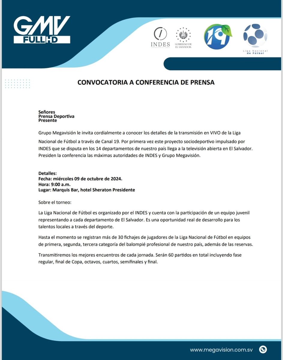 ¡La Liga Nacional de Fútbol será transmitida en señal abierta! 

Mañana, junto a Grupo Megavisión, daremos a conocer todos los detalles sobre la transmisión en señal abierta de TV de la Liga Nacional de Fútbol, el proyecto sociodeportivo impulsado por INDES que busca brindar