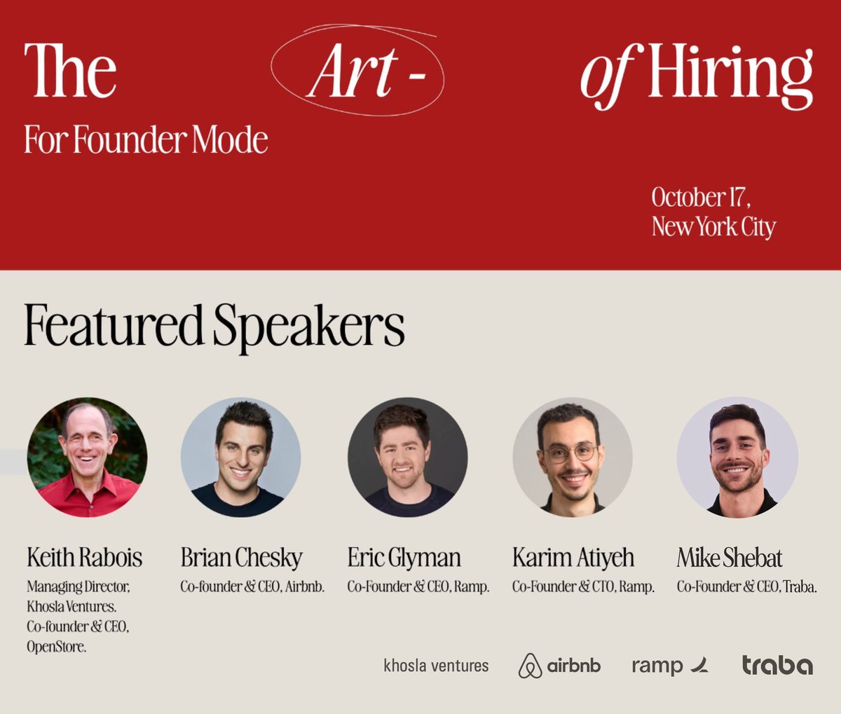 Mike Shebat (@mike_sheb) on Twitter photo The best companies are built by world-class teams.
🔥 <a href="/rabois/">Keith Rabois</a> Secrets of hiring early teams
🔥 <a href="/bchesky/">Brian Chesky</a> Staying in founder mode
🔥 <a href="/eglyman/">Eric Glyman</a> + <a href="/karimatiyeh/">Karim Atiyeh</a> Finding undiscovered talent
🔥 I’ll discuss how to avoid “junk food” hires The best companies are built by world-class teams.
🔥 <a href="/rabois/">Keith Rabois</a> Secrets of hiring early teams
🔥 <a href="/bchesky/">Brian Chesky</a> Staying in founder mode
🔥 <a href="/eglyman/">Eric Glyman</a> + <a href="/karimatiyeh/">Karim Atiyeh</a> Finding undiscovered talent
🔥 I’ll discuss how to avoid “junk food” hires