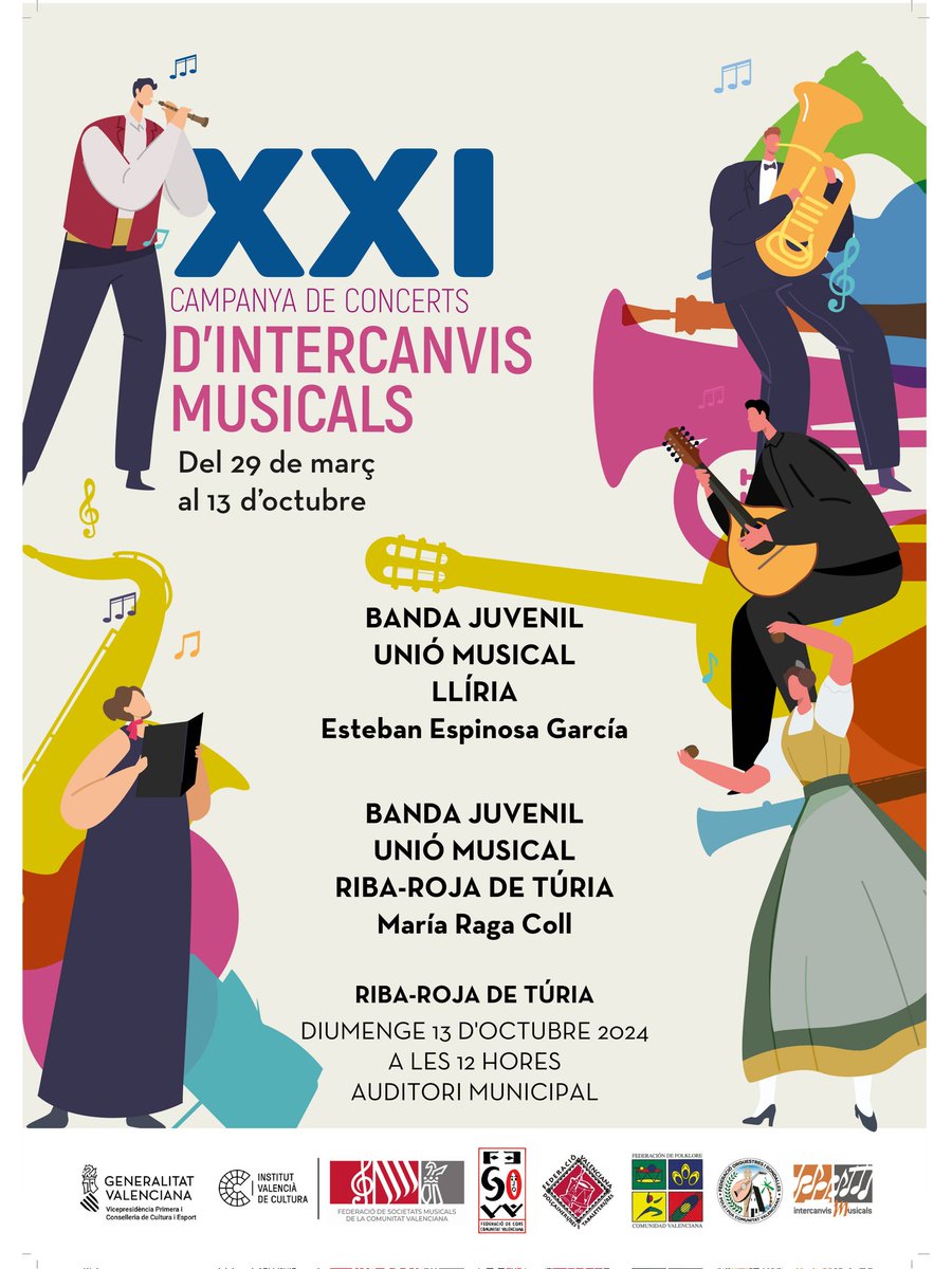 Seguim amb la nostra programació de concerts.
Diumenge 13 d'octubre a les 12 hores Intercanvi de Bandes Juvenils:
Banda Juvenil Unió Musical de Llíria i Banda Juvenil Unió Musical de Riba-roja de Túria.
Auditori Municipal.
Entrada lliure.