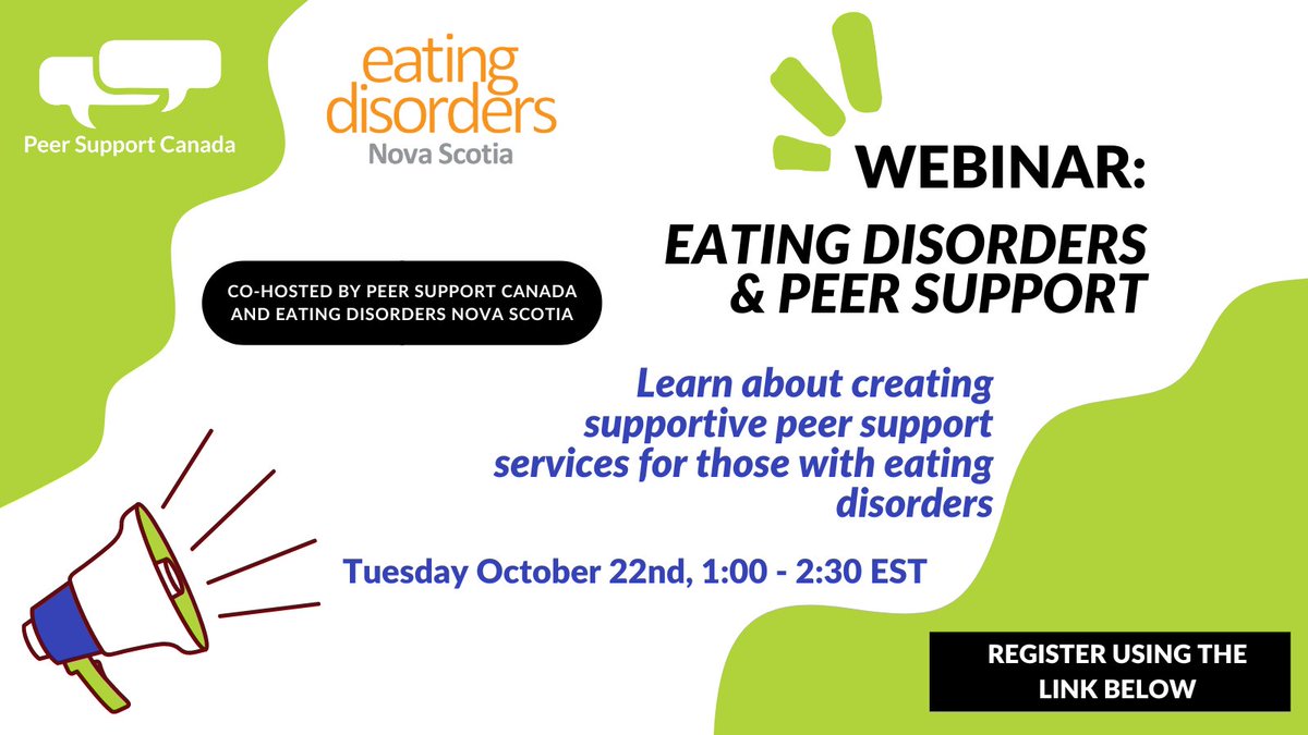 Peer Support Canada will be co-hosting a webinar with Executive Director of <a href="/nsedrecovery/">Eating Disorders Nova Scotia</a> to explore insights for creating supportive peer support services for those with eating disorders. Register in order to attend: ow.ly/70hO50TpASg #eatingdisorders #peersupport
