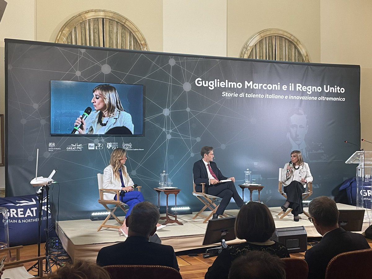 UKinItaly's tweet photo. The vital legacy of #GuglielmoMarconi can be witnessed through the work of @_Sara_Bern_ and @T_Castiello , both living and residing in the UK, who showcased how recent advancements in wireless communication can apply to two key sectors: #AI and #DigitalHealth

#ItalyUK https://t.co/4qNp5vqEr4