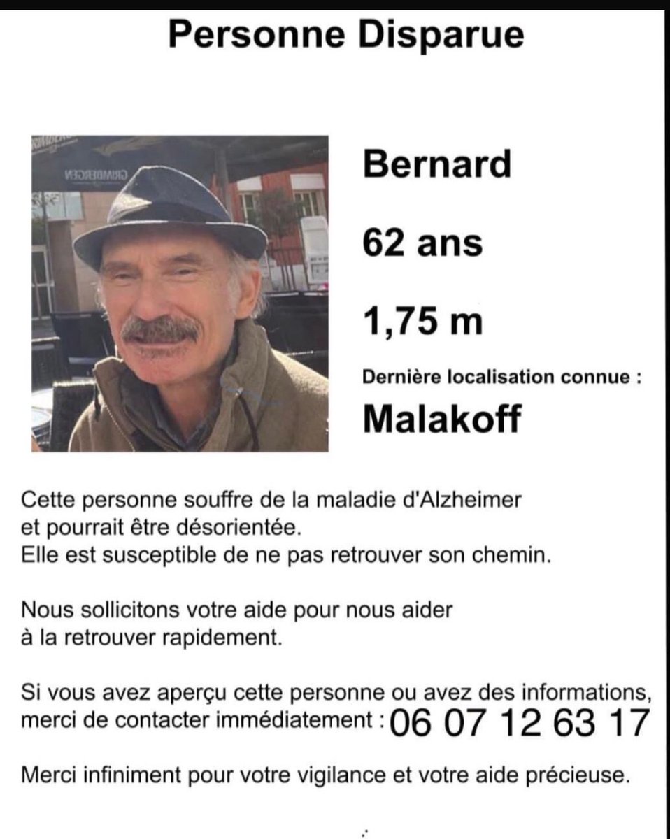 Secteur de #Malakoff - disparition inquiétante - merci de vos relais