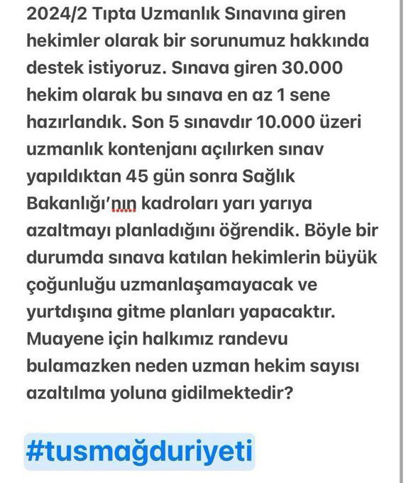 Rekor katılımla 30.000 kişinin girdiği sınava 2000’i ahek olmak üzere konuşulan 7600 civarı kontenjan kabul edilemez. Zaten hali hazırda deneme tahtasına dönmüş olan Ağustos TUS’unda daha fazla mağduriyet yaratmayın.
 #tusmağduriyeti