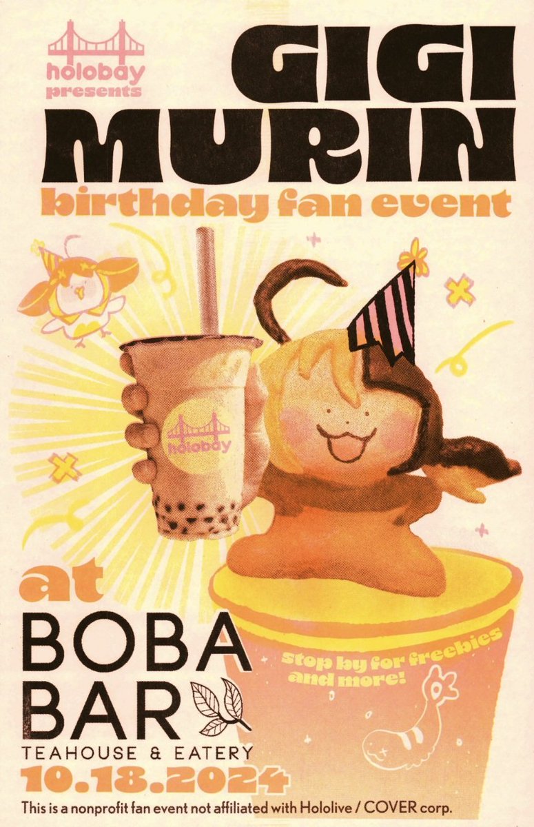 HolobayEvents's tweet photo. Guess what? We made POSTERS too!

The design is made exclusively for the Gigi event by @oolongcreama and will be sold along side the pins and stickers at the merch table!
The posters are risograph printed so the colors will really pop!

Perfect to hang up in a grem's shoebox :D https://t.co/tPU3FV5Z0J