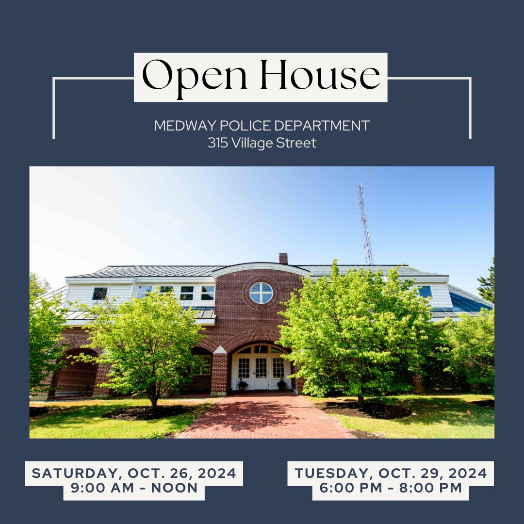 Medway Police (@medwaypolice) on Twitter photo <a href="/medwaypolice/">Medway Police</a> will open for public tours on 10/26 (9:00am-noon) & 10/29 (6:00-8:00pm). Town conducted a feasibility study to assess the conditions, constraints, & challenges of our current facility & recommended the creation of a new Municipal Complex. Stop by! <a href="/medwaypolice/">Medway Police</a> will open for public tours on 10/26 (9:00am-noon) & 10/29 (6:00-8:00pm). Town conducted a feasibility study to assess the conditions, constraints, & challenges of our current facility & recommended the creation of a new Municipal Complex. Stop by!